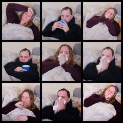 Grippe Frau und Mann sind Krank Collage