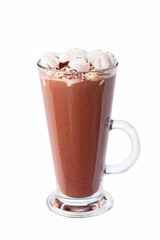Hot chocolate with marshmallows in transparent tall glass.