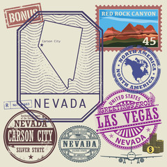 Stamp set with the name and map of Nevada, United States © Flavijus Piliponis