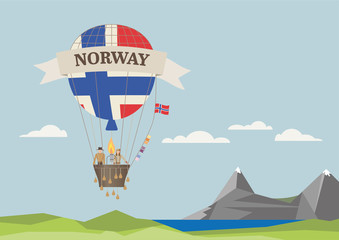 Fototapeta na wymiar Air Balloon with Norwegian flag and people