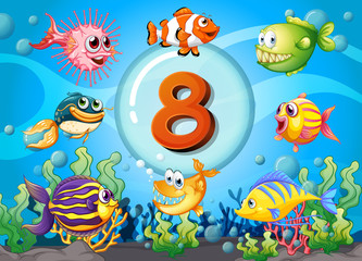 Fototapeta premium Flashcard number eight with 8 fish underwater