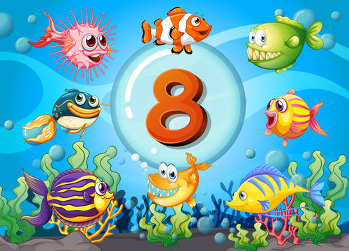 Flashcard number eight with 8 fish underwater