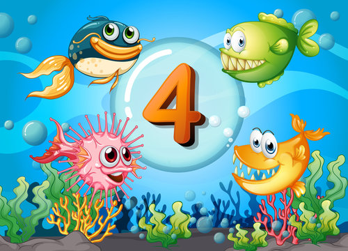 Flashcard number 4 with 4 fish underwater