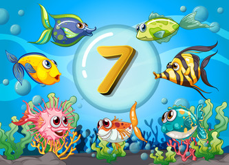 Fototapeta na wymiar Flashcard number seven wit 7 fish underwater
