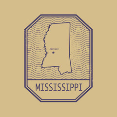 Stamp with the name and map of Mississippi, United States