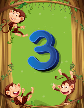 Number three with 3 monkeys on the tree