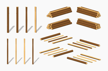 Piles of logs. 3D lowpoly isometric vector illustration. The set of objects isolated against the white background and shown from different sides