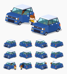 Modern blue hatchback. 3D lowpoly isometric vector illustration. The set of objects isolated against the white background and shown from different sides