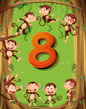 Number eight with 8 monkeys on the tree