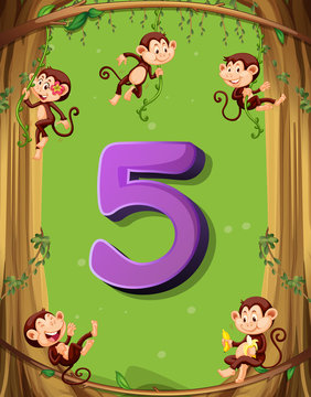 Number five with 5 monkeys on the tree