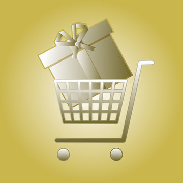 golden shopping cart with gift box inside