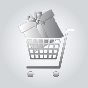 silver shopping cart with gift box inside