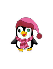 Funny cartoon penguin, winter hat, scarf