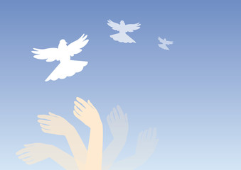 Dreamy blue background. Vector illustration dream with hands and doves. Soothing magic image.