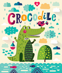 Fototapeta premium Cartoon illustration with cute crocodile