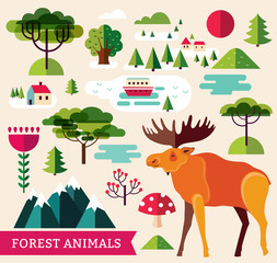 Vector illustration with elk and landscape