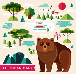 Vector illustration with bear and landscape