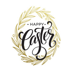 Hand drawn easter greeting card. Golden branch and leaves wreath. Happy easter hand lettering. Vector illustration