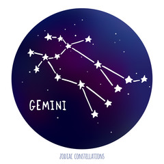 Obraz na płótnie Canvas Gemini vector sign. Zodiacal constellation made of stars on space background.