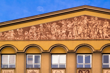 Na Nabrezi primary school, Havirov, the Czech Republic. Frontal side of the building. It was build in in the style of socialist realism, sorela. It is protected conservation area today.