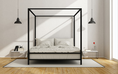 White bedroom with  canopy bed - obrazy, fototapety, plakaty