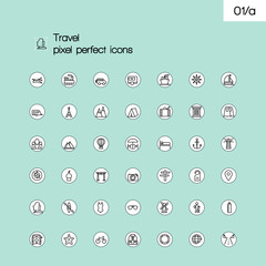 Travel and tourism modern thin line pixel perfect icons set. Out