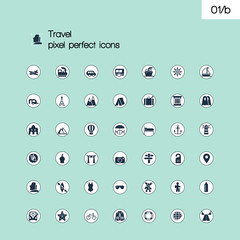 Travel and tourism modern solid pixel perfect icons set. Outline