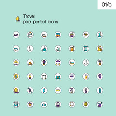 Travel and tourism modern line icons with flat design elements. Pixel perfect icons set. Outline symbol collection. Simple linear pictogram pack.