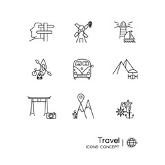 Travel and tourism thin line icons set. Outline symbol collectio