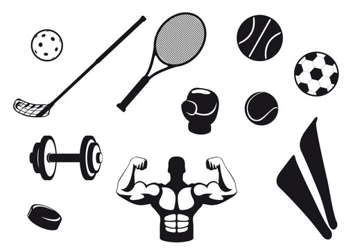 Set black and white sport icons. Various types sports equipment. Icons for the various types of sports. Sports Icons with white background.