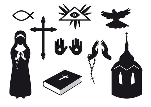 Black and white Christian icons. Set of Christian symbols. Traditional symbols of believers.