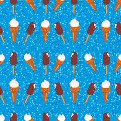 Ice-cream pattern. Seamless vector pattern with 
an eskimo and waffle cone. Food background for a wallpaper and wrapping.