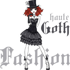 Vector Beautiful Goth girl with scarlet hair dressed in the style of High Gothic fashion in black dress and silk hat. T-shirt Graphics. Girl print.