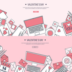 Vector illustration. Flat background with computer, laptop. Love, hearts. Valentines day. Be my valentine. 14 february.  Message.