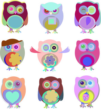 Set of vector cartoon owls with various emotions