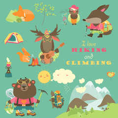 Set of cartoon characters and mountaineering elements