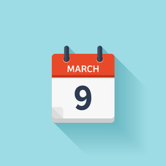 Fototapeta na wymiar March 9. Vector flat daily calendar icon. Date and time, day, month. Holiday.