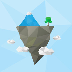 low poly floating island in the air with iceberg and tree