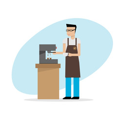 illustration of barista in apron preparing coffee