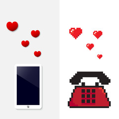 modern and retro hearts and phone call