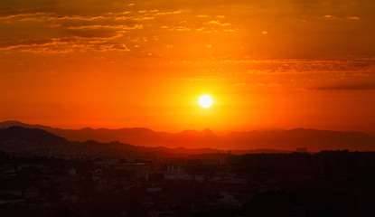 Amazing Sunset Sunrise Over Dark Mountain Silhouette