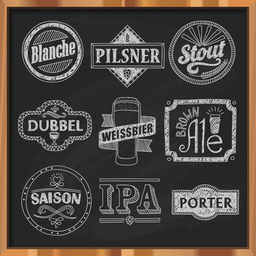 Hand drawn craft beer labels. Vector illustration of various beer styles. Pilsner, stout, porter, brown ale, blanche, dubbel, saison, IPA and weissbier. Vintage beer emblems on a chalkboard