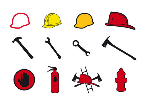 Collection safety icons. Set of icons for firefighters and craftsmen. Tools and protective equipment for safe work.