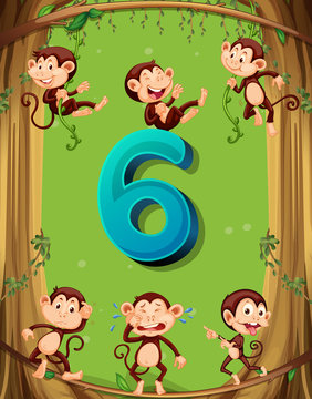 Number six with 6 monkeys on the tree