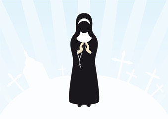 Illustration of praying nun. Christian background with a nun and holy icons. Clasped hands in prayer. - obrazy, fototapety, plakaty