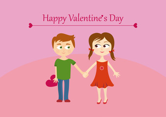 Cute valentines couple, girl and boy. Happy Valentine's Day Greeting Card. Valentine's Day illustration with a couple happy children.