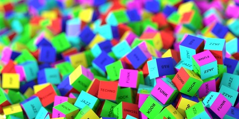 Fototapeta premium Three dimensional cubes with music styles name, original graphics and illustration