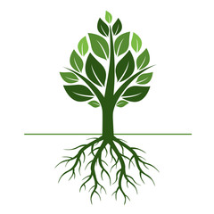Green Tree and Roots. Vector Illustration.