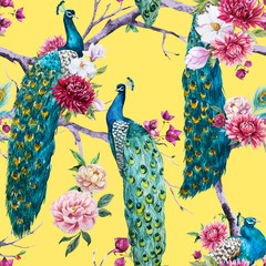 Naklejka premium Watercolor peacock and flowers pattern