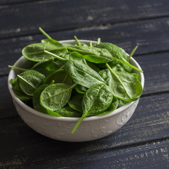 Fresh spinach in a white bowl on a dark wooden background. Healthy food